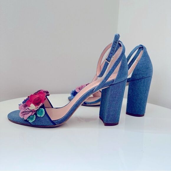 ⭕️ KATE SPADE Obelie Heels Sandals Denim Flowers Blue - Picture 5 of 8